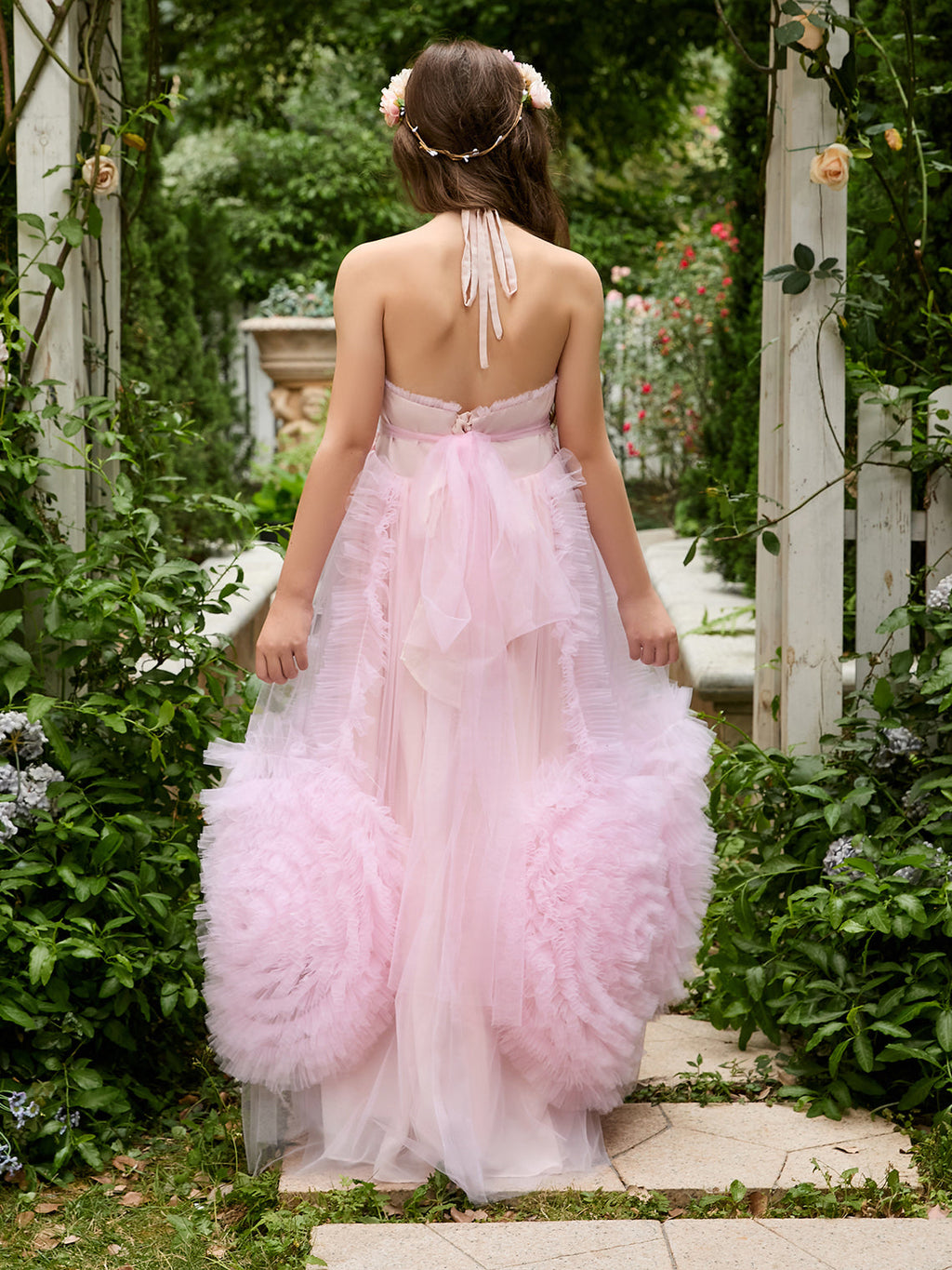 A-Linie Chiffon Bodenlang Rosa Blumenmädchenkleid 
