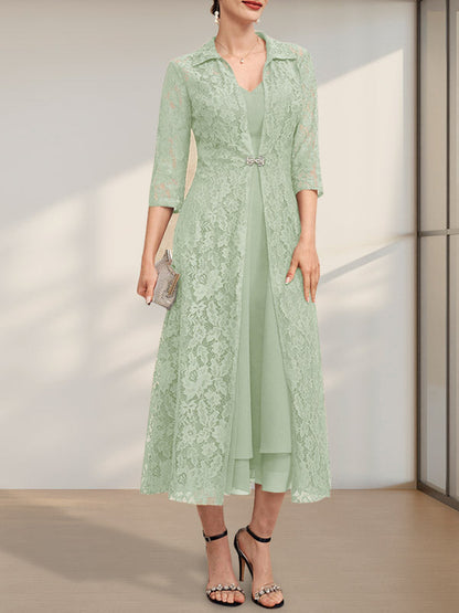 A-Linie V-Ausschnitt Wadenlanges Chiffonkleid für die Brautmutter