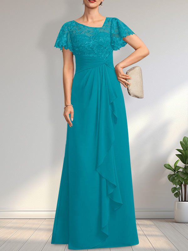 A-line Asymmetrical Illusion Floor-Length Lace Chiffon Mother of the Bride Dress With Cascading Ruffles Sequins