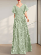 A-Linie V-Ausschnitt Bodenlang Spitze Pailletten Chiffon Mutter der Braut Kleid Mit Plissee