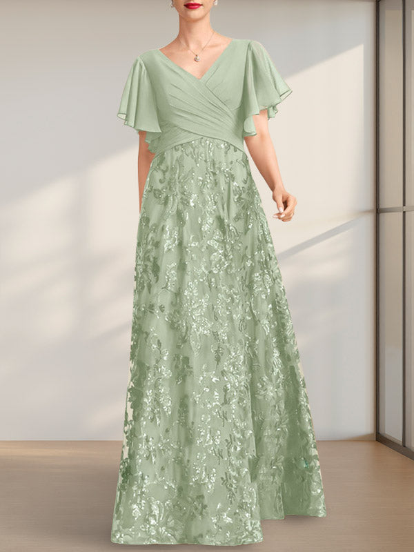 Vestido de madre de la novia de gasa con lentejuelas, encaje, escote en V y largo hasta el suelo, con pliegues