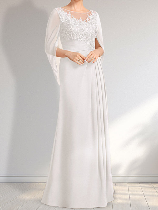 Vestido de gasa con encaje, ilusión, corte A, largo hasta el suelo, para madre de la novia con lentejuelas plisadas