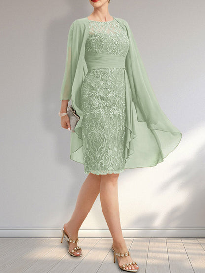 Vestido de madre de la novia de gasa con encaje, escote redondo, ilusión, largo hasta la rodilla, con volantes en cascada y lentejuelas