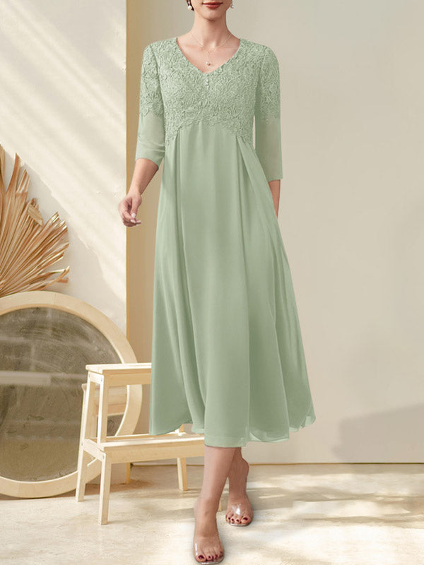 A-Linie V-Ausschnitt Wadenlanges Chiffon-Spitzenkleid für die Brautmutter mit Perlenbesatz