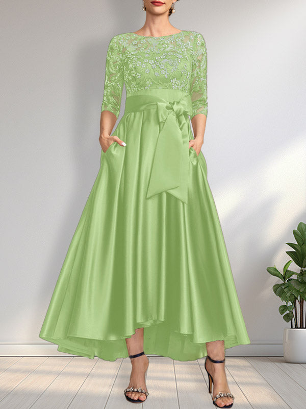 Vestido de madre de la novia de encaje satinado asimétrico con ilusión de corte A y lazo