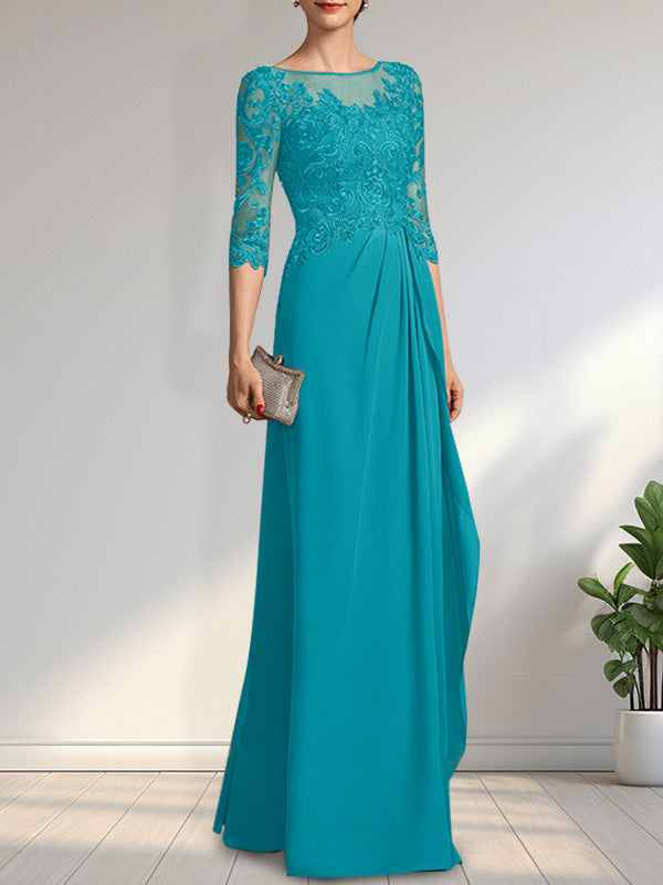Vestido de gasa para madre de la novia con encaje, corte A, escote redondo, ilusión, largo hasta el suelo, con lentejuelas y abalorios y volantes en cascada