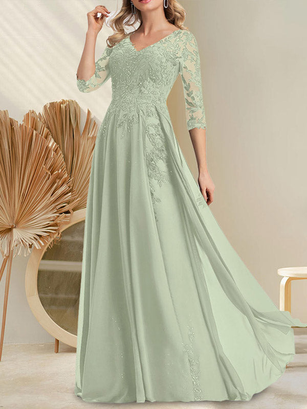 Vestido de madre de la novia de gasa con encaje, escote en V y lentejuelas, largo hasta el suelo