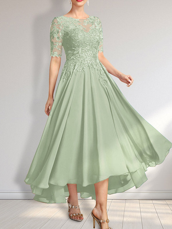 Vestido de madre de la novia de gasa asimétrica con encaje, ilusión, corte A y lentejuelas
