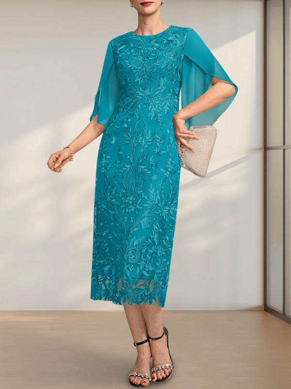 Vestido para madre de la novia de gasa con encaje, corte tubo, escote redondo y largo hasta la rodilla