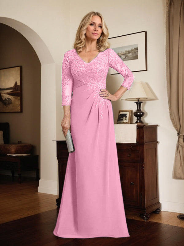 Vestido de madre de la novia de gasa con encaje, escote en V, ilusión, largo hasta el suelo, con lentejuelas plisadas
