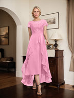 Vestido de madre de la novia de gasa asimétrica con escote en A, ilusión, encaje, lazo, volante y lentejuelas