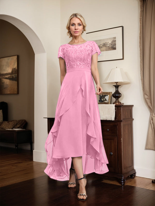Vestido de madre de la novia de gasa asimétrica con escote en A, ilusión, encaje, lazo, volante y lentejuelas