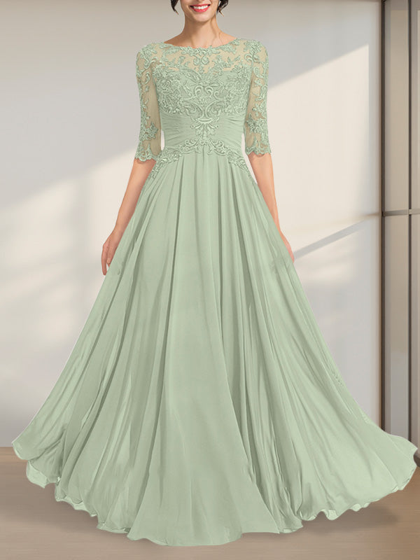 Vestido de gasa de encaje con escote en A y ilusión hasta el suelo para madre de la novia con lentejuelas plisadas