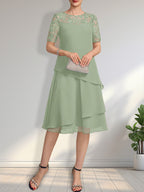 Vestido de gasa con encaje y lentejuelas para madre de la novia, corte A, escote ilusión, largo hasta la rodilla