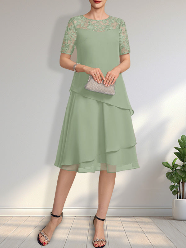 Vestido de gasa con encaje y lentejuelas para madre de la novia, corte A, escote ilusión, largo hasta la rodilla