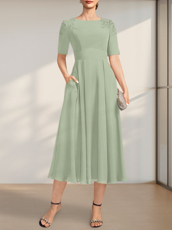 Vestido de gasa para madre de la novia, corte A, escote redondo, largo hasta la rodilla, con apliques de encaje y lentejuelas