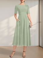 Vestido de gasa para madre de la novia, corte A, escote redondo, largo hasta la rodilla, con apliques de encaje y lentejuelas