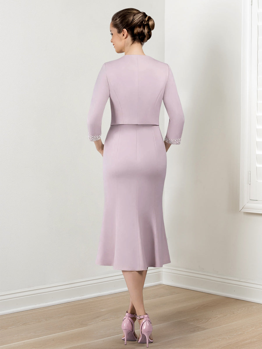 Vestidos de madre de la novia con corte tubo/columna, chaqueta y cuentas