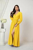 Vestidos de noche Sunnderly con escote en V profundo, gasa, para dama de honor, manga larga de obispo, abertura lateral, vestido formal SY2806 
