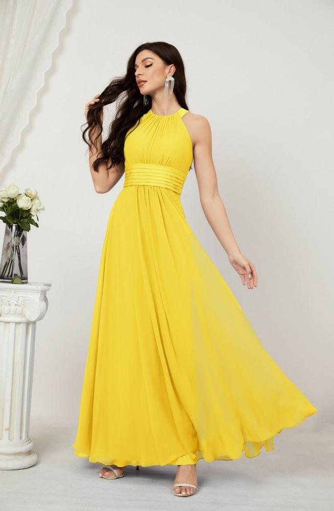 Vestido formal de fiesta Sunnderly de gasa con cuello halter, largo y sin mangas, para dama de honor SY2802 
