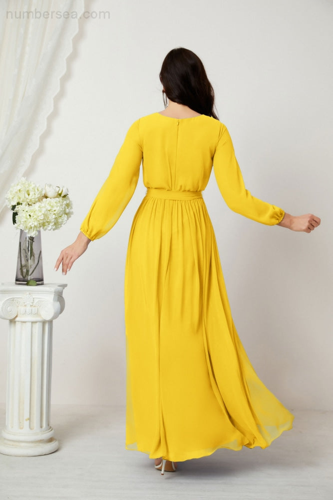 Vestidos de noche Sunnderly con escote en V profundo, gasa, para dama de honor, manga larga de obispo, abertura lateral, vestido formal SY2806 