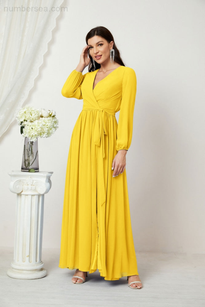 Vestidos de noche Sunnderly con escote en V profundo, gasa, para dama de honor, manga larga de obispo, abertura lateral, vestido formal SY2806 