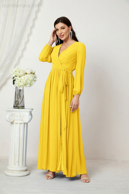 Sunnderly Evening Dresses Deep V-Neck Chiffon Bridesmaid Dresses Long Bishop Sleeve Side Split Formal Dress SY2806