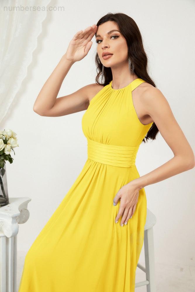 Vestido formal de fiesta Sunnderly de gasa con cuello halter, largo y sin mangas, para dama de honor SY2802 