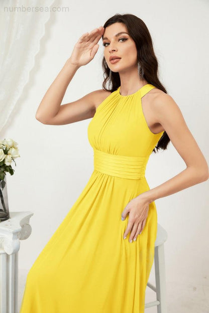 Sunnderly Formal Party Gown Dress Chiffon Halter Long Sleeveless Bridesmaid Dresses SY2802