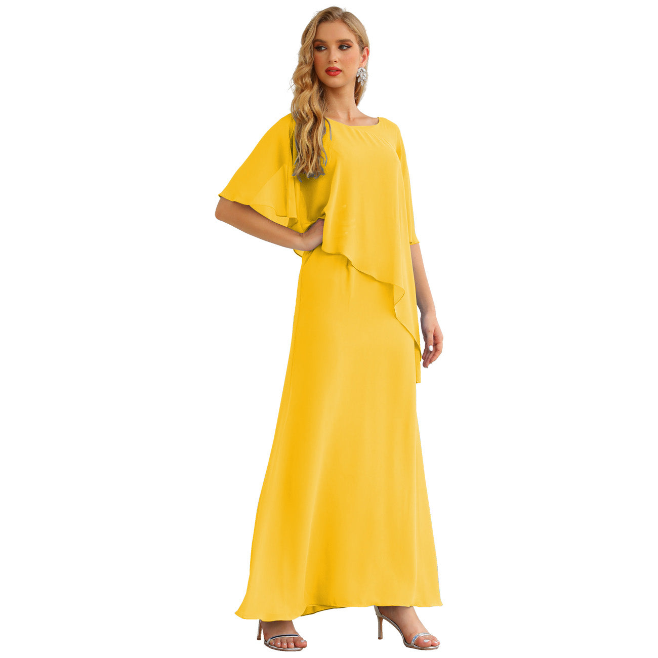 Sunnderly Chiffon-Kleid für die Brautmutter in Übergröße, formelles Ballkleid mit Rüschenumhang