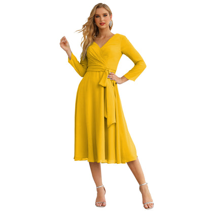 Sunnderly Chiffon Bridesmaid Dress V-Back Waist Belt Formal Prom Gown Mother of The Bride Wedding Guest