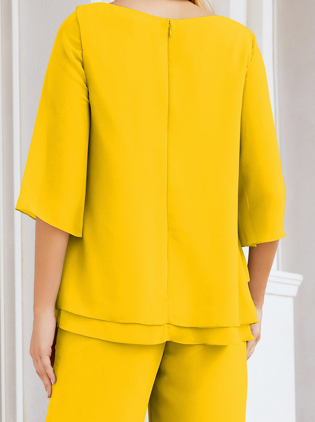 Elegante vestido de dos piezas para madre de la novia, talla grande, pantalón, capas con volantes, bata plateada SY28064 