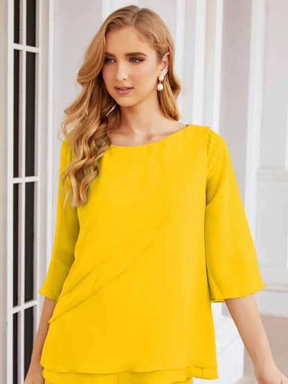 Sunnderly Elegant 2 Piece Mother of The Bride Dress Plus Size Pant Suits Ruffle Layers Sliver Housecoat SY28064