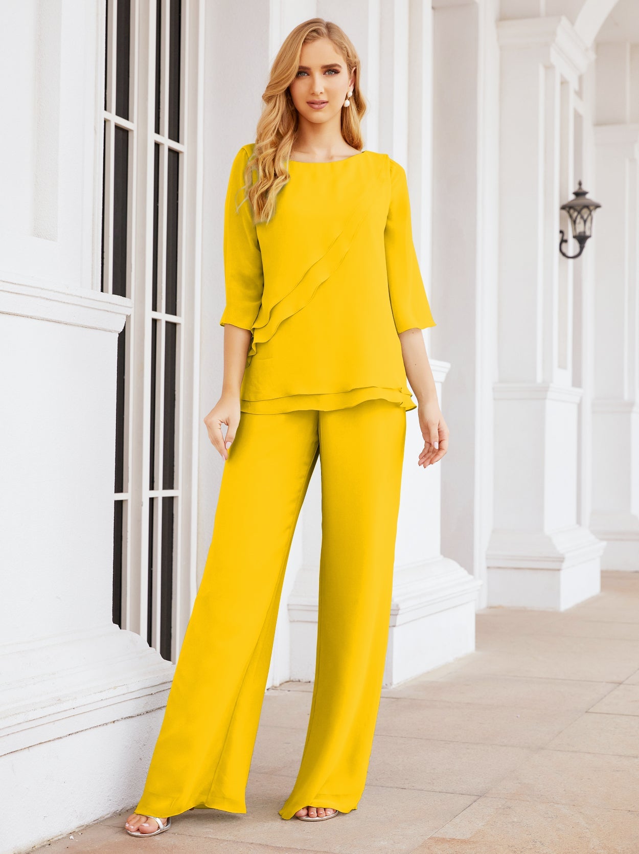 Elegante vestido de dos piezas para madre de la novia, talla grande, pantalón, capas con volantes, bata plateada SY28064 
