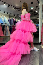 Sue | Vestido de fiesta rosa intenso con hombros descubiertos, corte A, capas de tul, apliques, corte alto-bajo