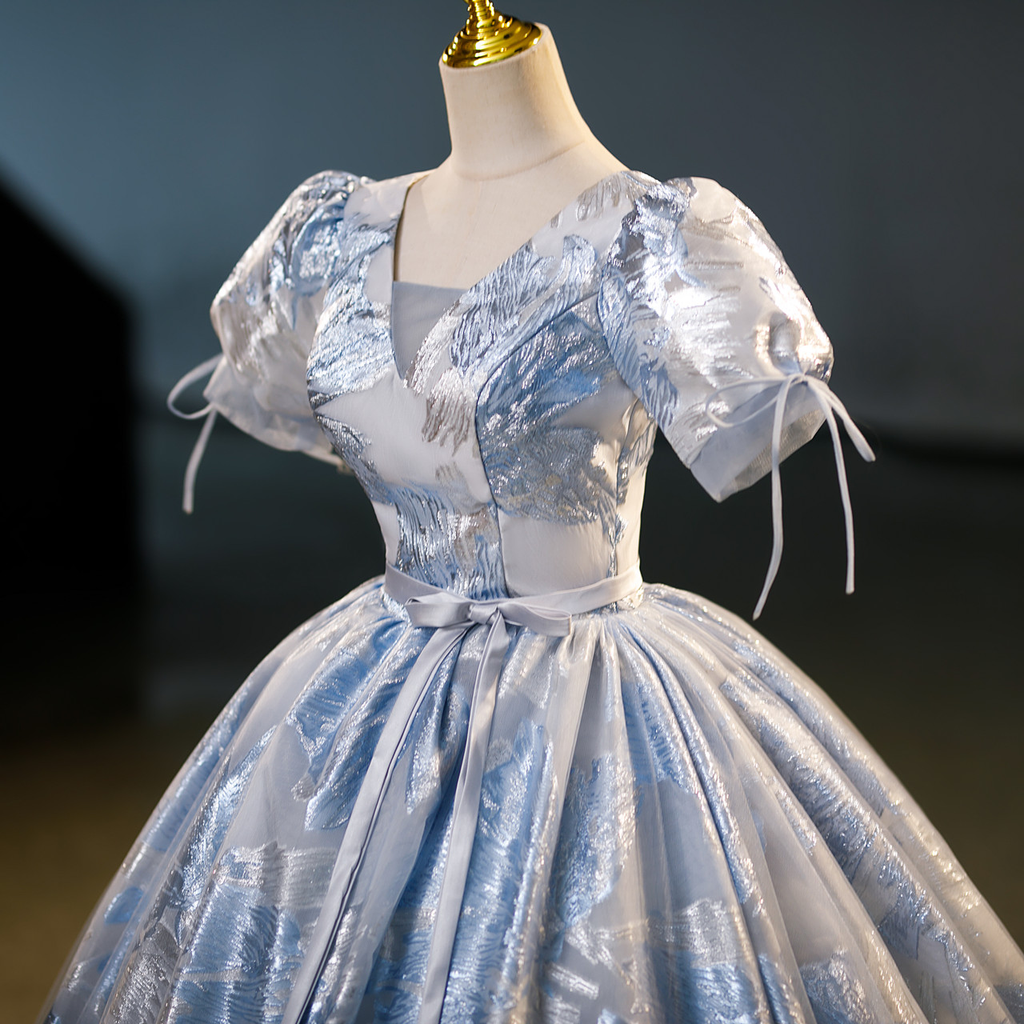 Elegante vestido de quinceañera con estampado azul, corte A, Y7678