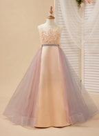 A-Linie Satin Tüll Sweep/Pinsel zug Champagner Kleid (010226776) 