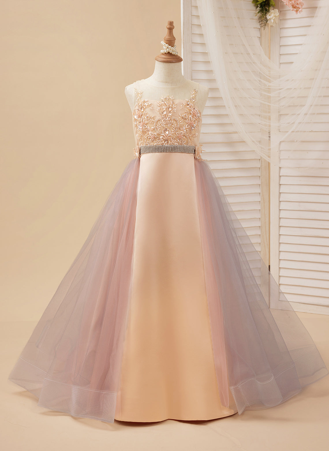 A-Linie Satin Tüll Sweep/Pinsel zug Champagner Kleid (010226776) 