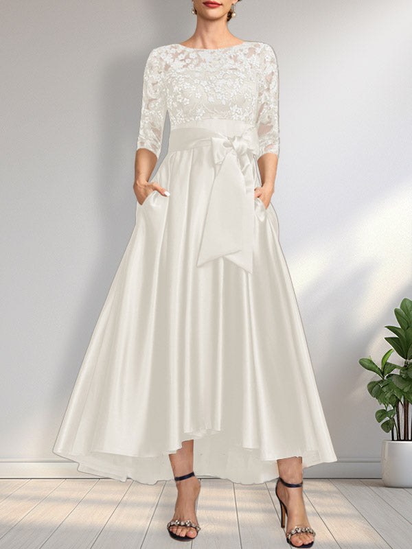 Vestido de madre de la novia de encaje satinado asimétrico con ilusión de corte A y lazo