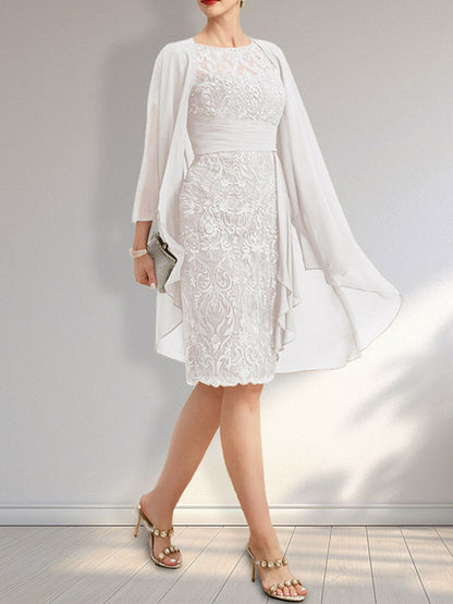 Vestido de madre de la novia de gasa con encaje, escote redondo, ilusión, largo hasta la rodilla, con volantes en cascada y lentejuelas