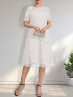 Vestido de gasa con encaje y lentejuelas para madre de la novia, corte A, escote ilusión, largo hasta la rodilla