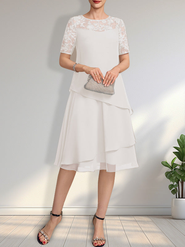 Vestido de gasa con encaje y lentejuelas para madre de la novia, corte A, escote ilusión, largo hasta la rodilla