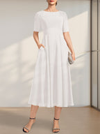 Vestido de gasa para madre de la novia, corte A, escote redondo, largo hasta la rodilla, con apliques de encaje y lentejuelas