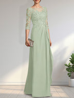 Vestido de gasa para madre de la novia con encaje, corte A, escote redondo, ilusión, largo hasta el suelo, con lentejuelas y abalorios y volantes en cascada
