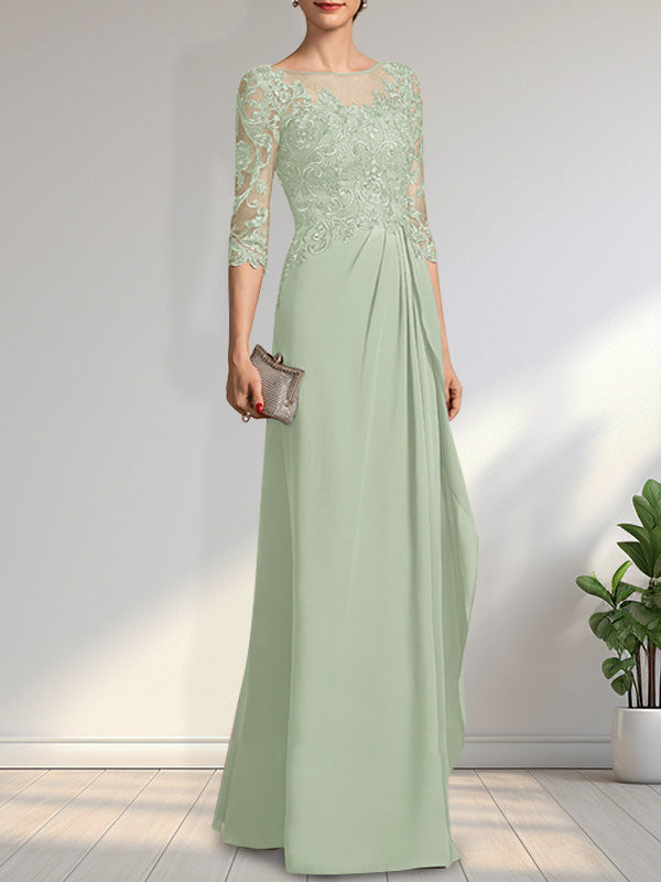 Vestido de gasa para madre de la novia con encaje, corte A, escote redondo, ilusión, largo hasta el suelo, con lentejuelas y abalorios y volantes en cascada
