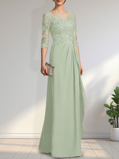 Vestido de gasa para madre de la novia con encaje, corte A, escote redondo, ilusión, largo hasta el suelo, con lentejuelas y abalorios y volantes en cascada