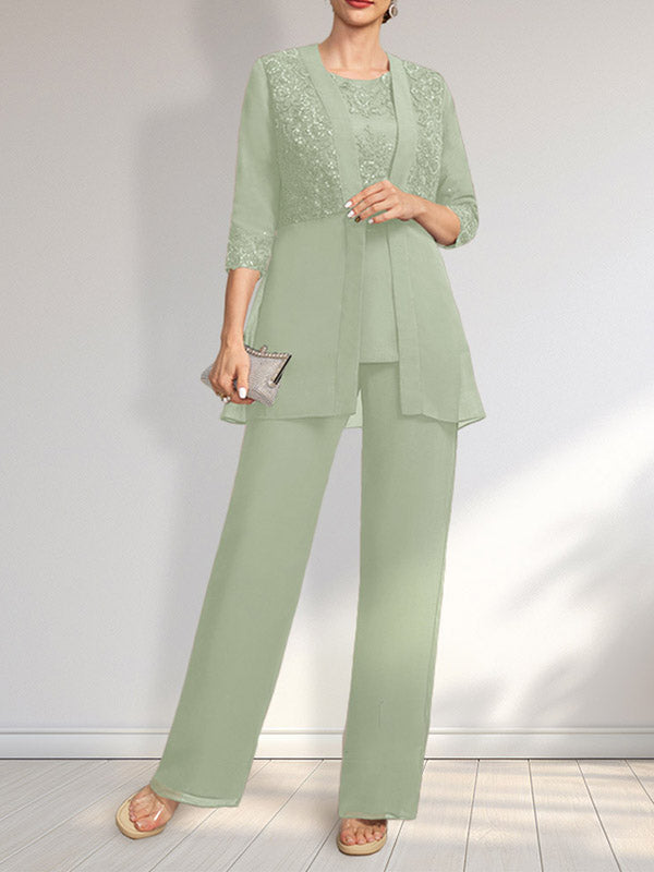 Jumpsuit/Pantsuit Separates Scoop Floor-Length Chiffon Lace Mother of the Bride Dress With Sequins