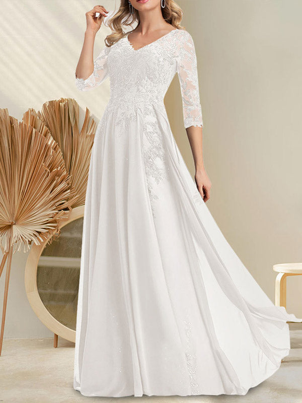 Vestido de madre de la novia de gasa con encaje, escote en V y lentejuelas, largo hasta el suelo