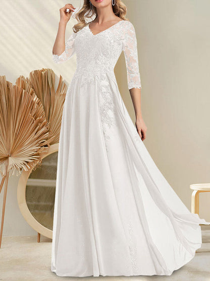 A-line V-Neck Floor-Length Lace Chiffon Mother of the Bride Dress With Sequins
