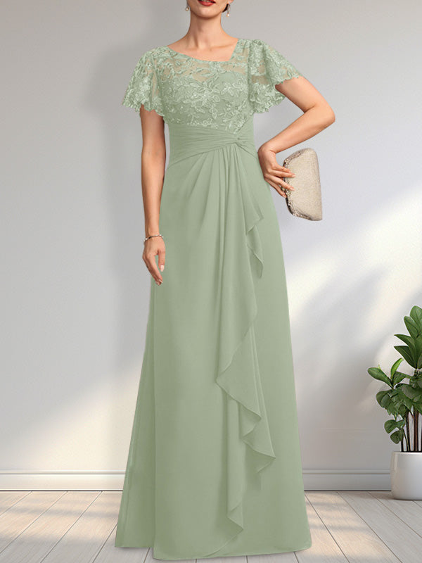 A-line Asymmetrical Illusion Floor-Length Lace Chiffon Mother of the Bride Dress With Cascading Ruffles Sequins